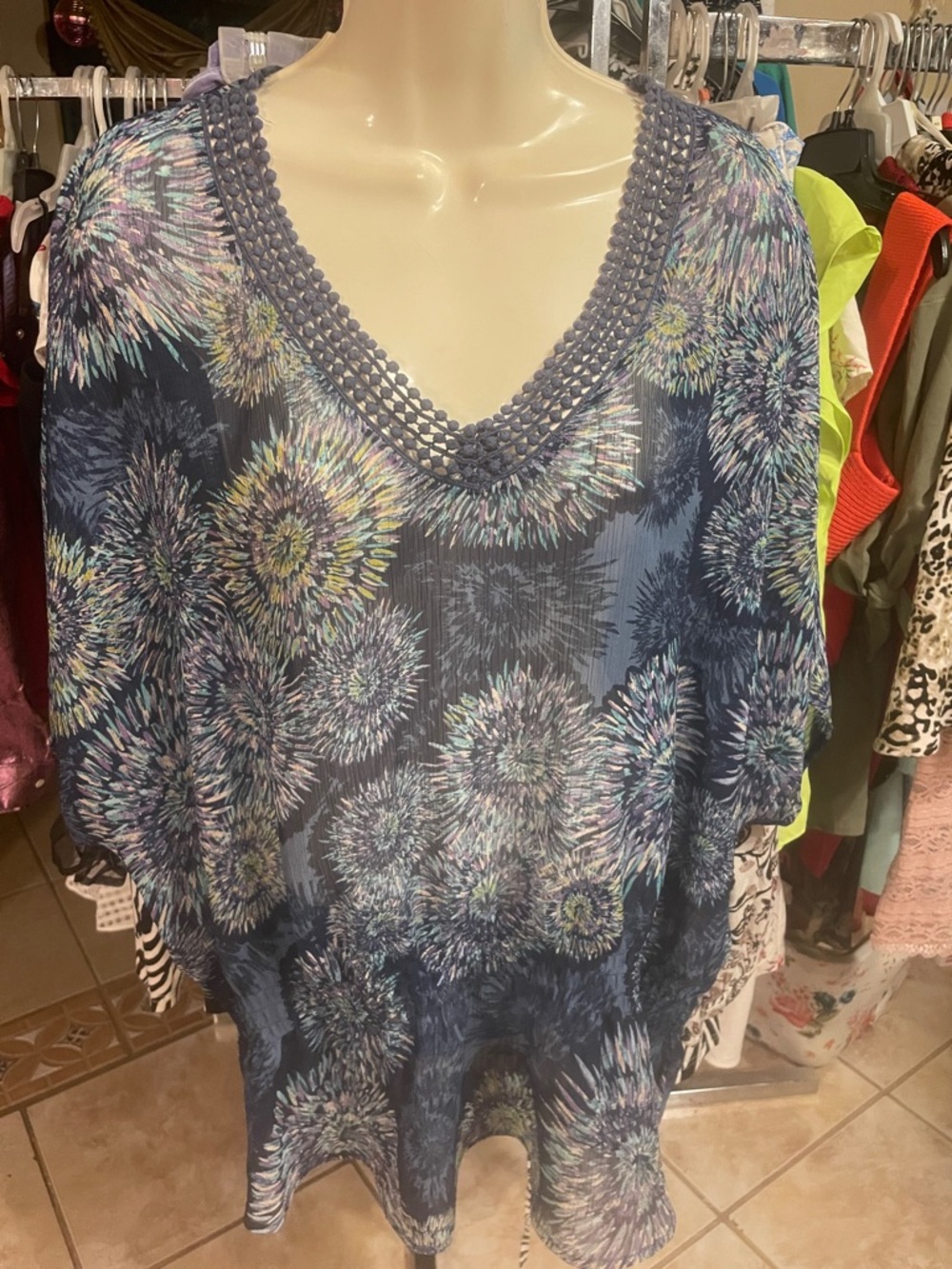 a.n.a Navy Blue Floral Burst V-Neck Blouse